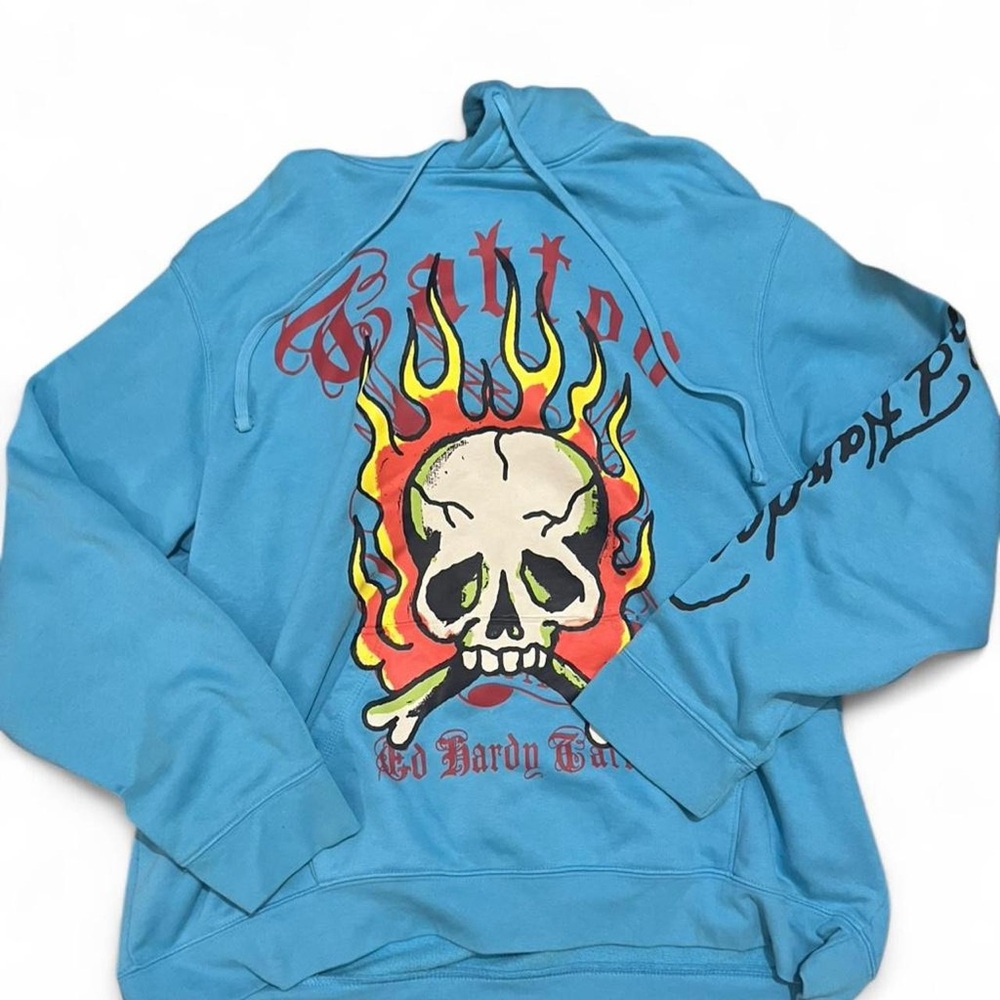 Vintage Y2k Ed Hardy Blue Hoodie with Skull and Flames